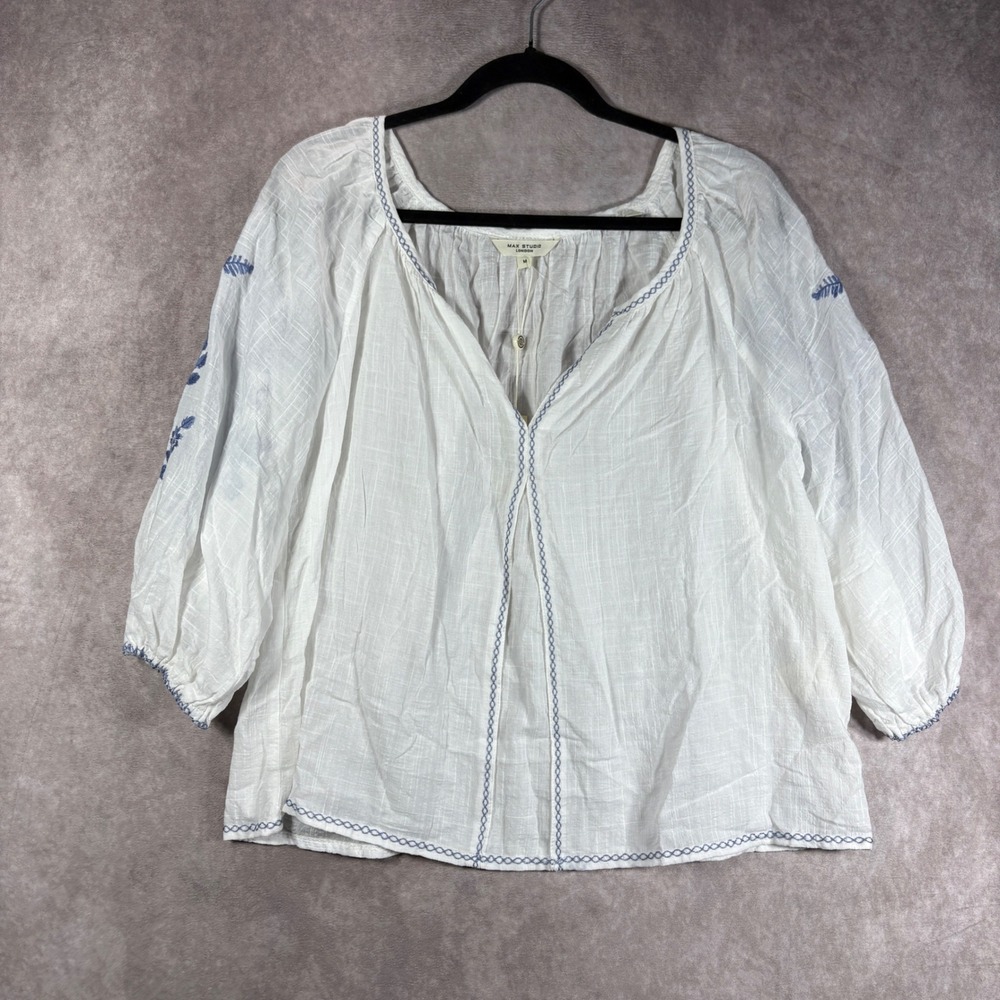 Max Studio Top Women M White Embroidered Peasant Blouse Boho Festival Beach NEW